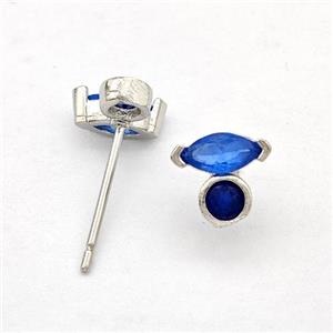 Copper Stud Earrings Pave Blue Zirconia Eye Platinum Plated, approx 7mm