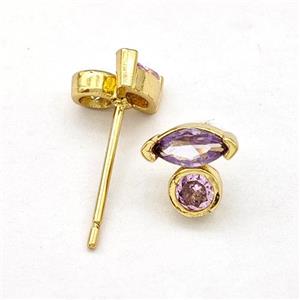 Copper Stud Earrings Pave Purple Zirconia Eye Gold Plated, approx 7mm