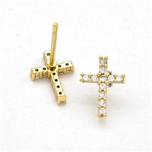 Copper Cross Stud Earrings Pave Zirconia Gold Plated, approx 8-10mm