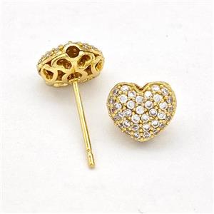 Copper Stud Earrings Pave Zirconia Heart Gold Plated, approx 9mm