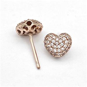 Copper Stud Earrings Pave Zirconia Heart Rose Gold, approx 9mm