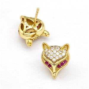 Copper Stud Earrings Pave Zirconia Fox Gold Plated, approx 11-13mm