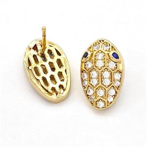 Copper Stud Earrings Pave Zirconia Snakehead Gold Plated, approx 9.5-15mm