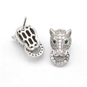 Copper Stud Earrings Pave Zirconia Leopard Platinum Plated, approx 8-13.5mm