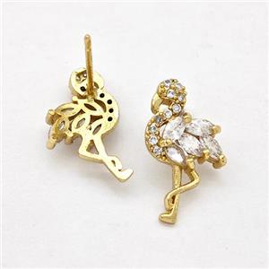 Copper Crane Stud Earrings Pave Zirconia Gold Plated, approx 10-16.5mm
