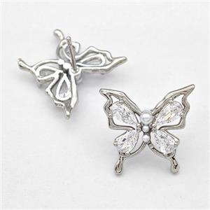 Copper Butterfly Stud Earrings Pave Zircon Platinum Plated, approx 16-18mm