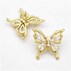 Copper Butterfly Stud Earrings Pave Zircon Gold Plated, approx 16-18mm