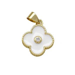 Copper Clover Pendant Pave Zirconia White Enamel Gold Plated, approx 13.5mm