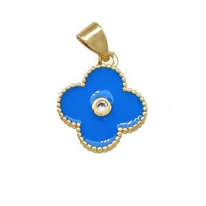 Copper Clover Pendant Pave Zirconia Blue Enamel Gold Plated, approx 13.5mm