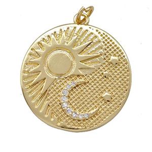 Copper Sun Moon Pendant Pave Zirconia Gold Plated, approx 24mm