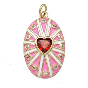 Copper Oval Pendant Pave Red Zirconia Heart Pink Enamel Gold Plated, approx 16-23mm