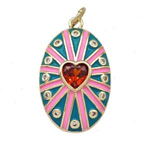 Copper Oval Pendant Pave Red Zirconia Heart Teal Enamel Gold Plated, approx 16-23mm