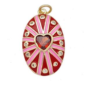 Copper Oval Pendant Pave Red Zirconia Heart Red Enamel Gold Plated, approx 16-23mm