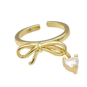 Copper Bow Rings Pave Heart Zirconia Gold Plated, approx 5mm,8-18mm, 18mm dia
