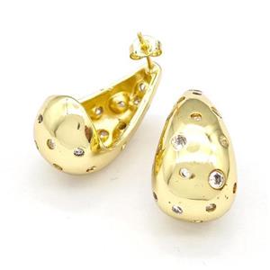 Copper Teardrop Stud Earrings Micro Pave Zirconia Hollow Gold Plated, approx 14-25mm