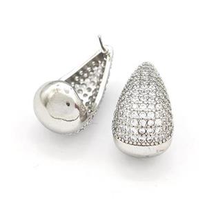 Copper Teardrop Stud Earrings Micro Pave Zirconia Platinum Plated, approx 14-25mm