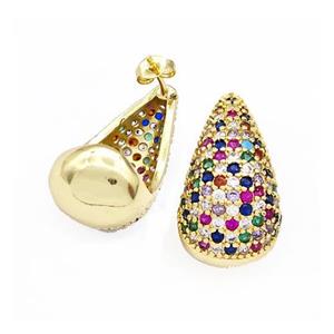 Copper Teardrop Stud Earrings Micro Pave Multicolor Zirconia Hollow Gold Plated, approx 14-25mm