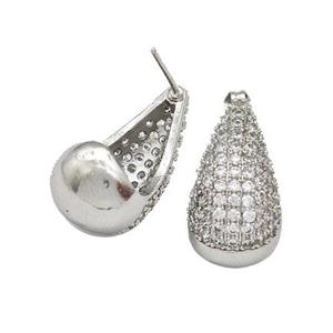 Copper Teardrop Stud Earrings Micro Pave Zirconia Hollow Platinum Plated, approx 11-20mm