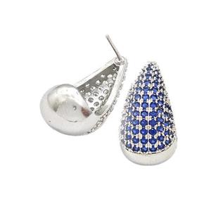 Copper Teardrop Stud Earrings Micro Pave Blue Zirconia Platinum Plated, approx 11-20mm