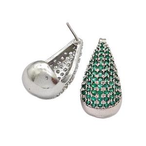 Copper Teardrop Stud Earrings Micro Pave Green Zirconia Platinum Plated, approx 11-20mm