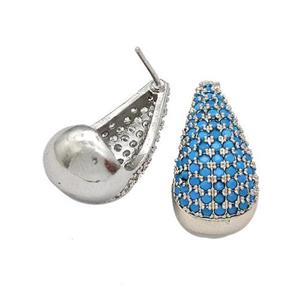 Copper Teardrop Stud Earrings Micro Pave Turqblue Zirconia Platinum Plated, approx 11-20mm