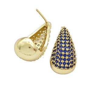 Copper Teardrop Stud Earrings Micro Pave Blue Zirconia Gold Plated, approx 11-20mm