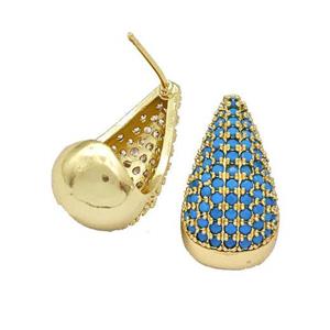 Copper Teardrop Stud Earrings Pave Turqblue Zirconia Hollow Gold Plated, approx 11-20mm