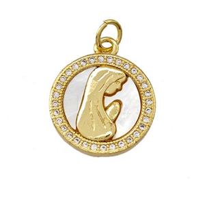 Virgin Mary Charms Copper Circle Pendant Pave Shell Zirconia Prayer 18K Gold Plated, approx 15.5mm