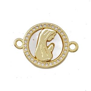 Virgin Mary Charms Copper Circle Connector Pave Shell Zirconia Prayer 18K Gold Plated, approx 15.5mm