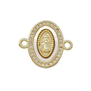 Virgin Mary Charms Copper Oval Connector Pave Shell Zirconia 18K Gold Plated, approx 13-17mm