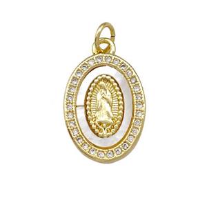 Jesus Charms Copper Oval Pendant Pave Shell Zirconia 18K Gold Plated, approx 13-17mm
