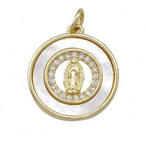 Jesus Charms Copper Circle Pendant Pave Shell Zirconia 18K Gold Plated, approx 17mm