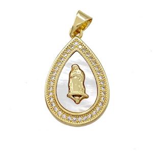 Jesus Charms Copper Teardrop Pendant Pave Shell Zirconia 18K Gold Plated, approx 15-20mm