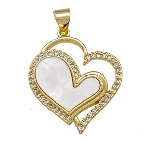 Double Heart Charms Copper Pendant Pave Shell Zirconia 18K Gold Plated, approx 20mm
