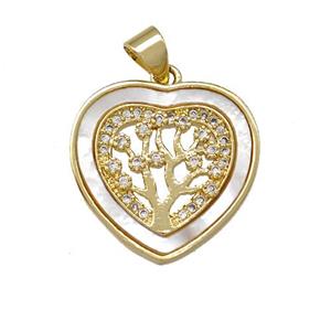 Copper Heart Pendant Pave Shell Zirconia Tree 18K Gold Plated, approx 20mm