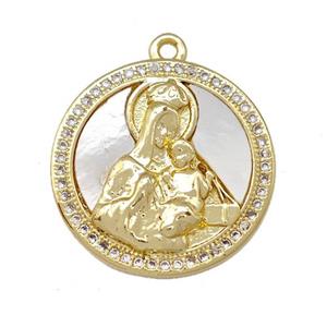 Virgin Mary Charms Copper Circle Pendant Pave Shell Zirconia 18K Gold Plated, approx 19mm