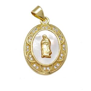 Jesus Charms Copper Oval Pendant Pave Shell Zirconia 18K Gold Plated, approx 16-20mm