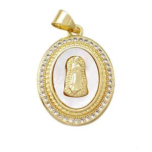 Virgin Mary Charms Copper Oval Pendant Pave Shell Zirconia 18K Gold Plated, approx 16-20mm