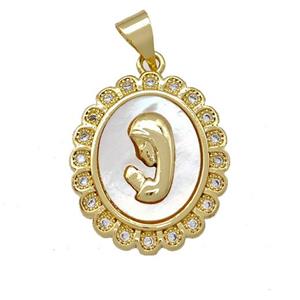 Girls Prayer Copper Oval Pendant Pave Shell Zirconia 18K Gold Plated, approx 17-20mm