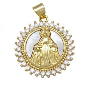 Virgin Mary Charms Copper Circle Pendant Pave Shell Zirconia 18K Gold Plated, approx 21mm