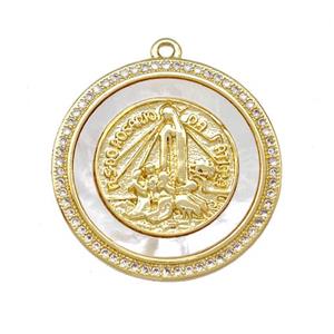 Jesus Charms Copper Circle Pendant Pave Shell Zirconia 18K Gold Plated, approx 24mm