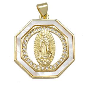 Jesus Charms Copper Octangle Pendant Pave Shell Zirconia 18K Gold Plated, approx 23mm