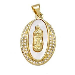 Jesus Charms Copper Oval Pendant Pave Shell Zirconia 18K Gold Plated, approx 15-20mm