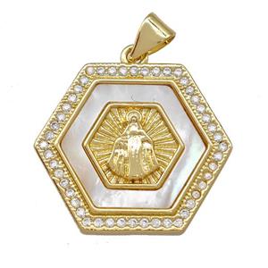 Virgin Mary Charms Copper Hexagon Pendant Pave Shell Zirconia 18K Gold Plated, approx 21-24mm