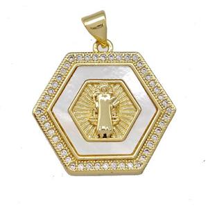 Jesus Charms Copper Hexagon Pendant Pave Shell Zirconia 18K Gold Plated, approx 21-24mm