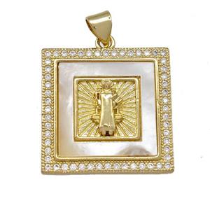 Jesus Charms Copper Square Pendant Pave Shell Zirconia 18K Gold Plated, approx 22x22mm