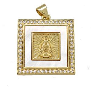 Virgin Mary Charms Copper Square Pendant Pave Shell Zirconia 18K Gold Plated, approx 22x22mm