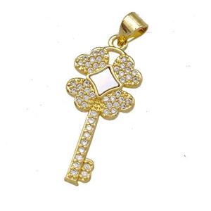 Copper Key Pendant Pave Shell Zirconia 18K Gold Plated, approx 12-25mm