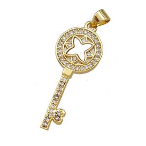 Copper Key Pendant Pave Shell Zirconia 18K Gold Plated, approx 13-30mm