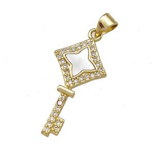 Copper Key Pendant Pave Shell Zirconia 18K Gold Plated, approx 14-25mm